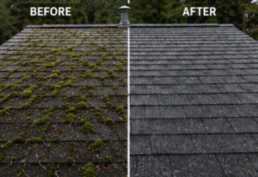 Roof before and after soft washing in Portland - moss removed