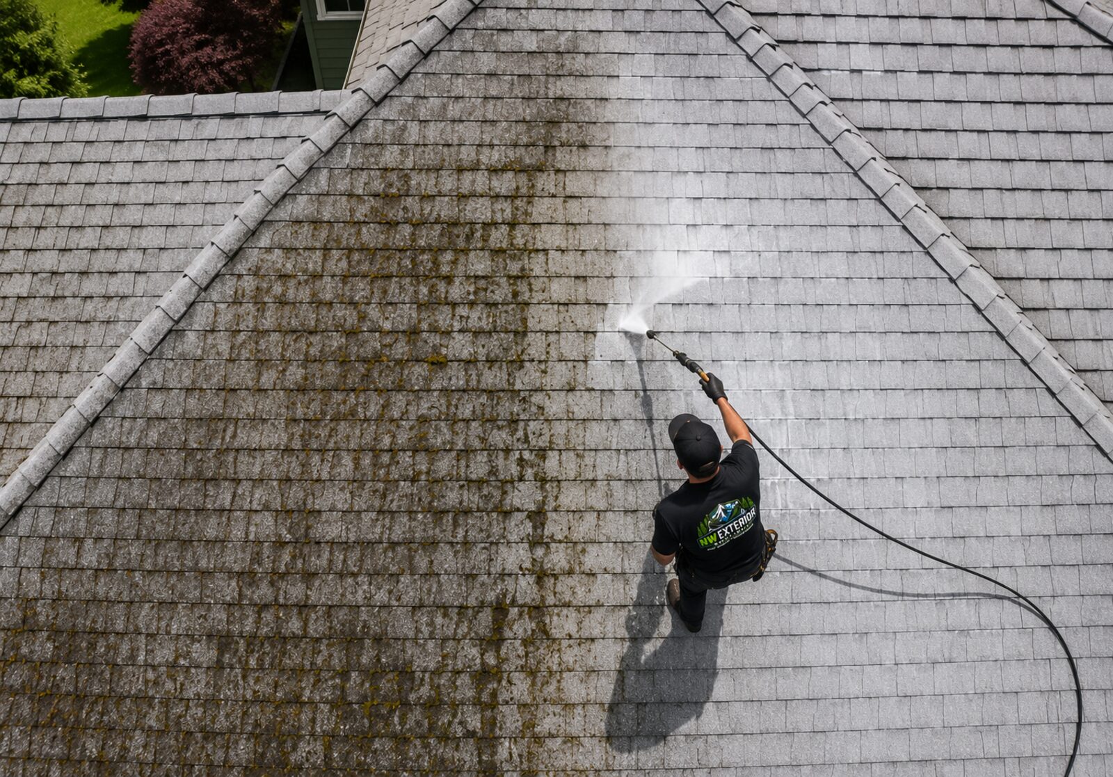 Aerial roof soft washing removing moss in Portland